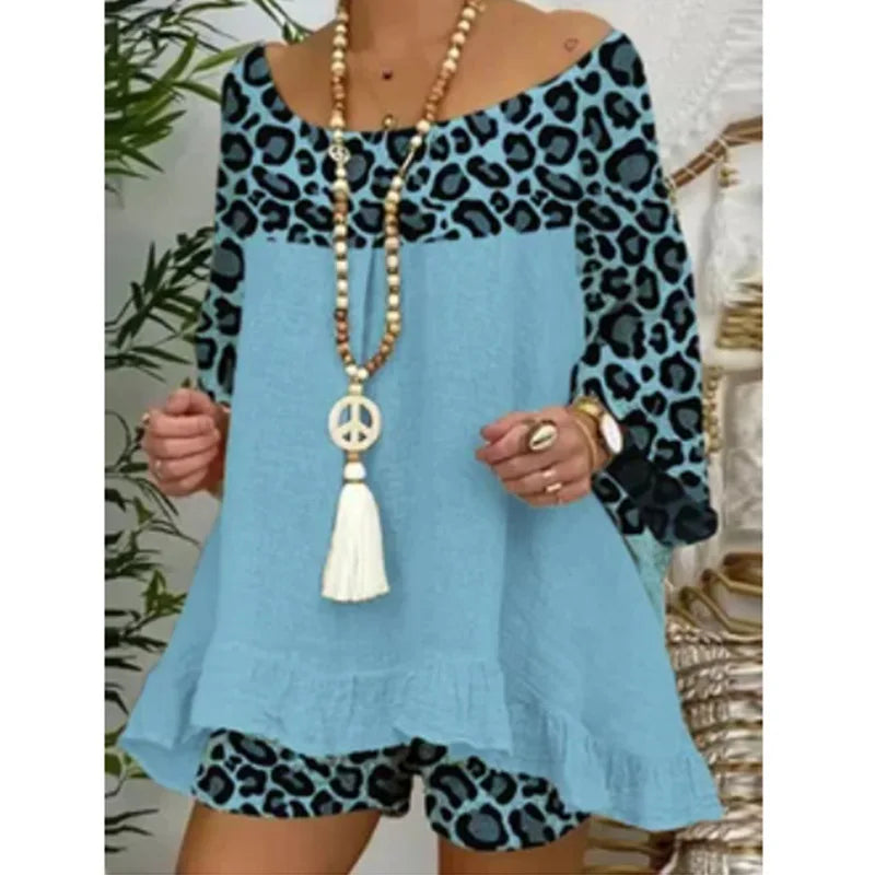 Linen Blouse Tops And Loose Shorts Suit Vintage Two Piece Set Print Sets Female Leopard Patchwork Outfit