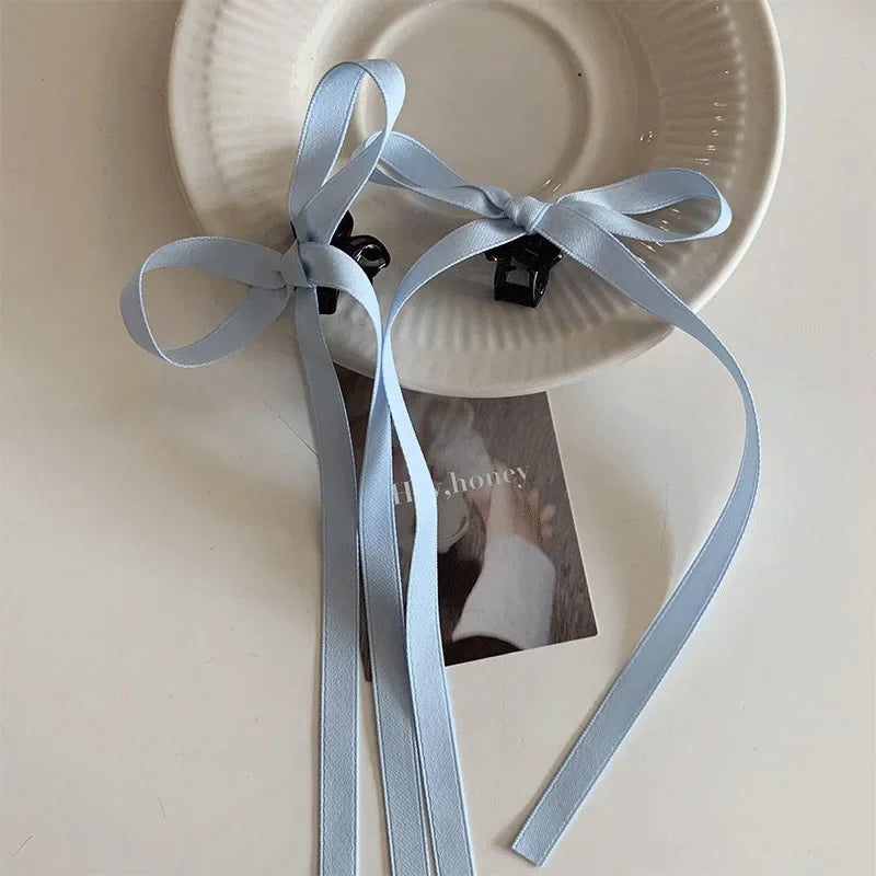 2Pcs Y2K Long Bow Hair Clip Women Girls Ribbon Bow Shark Clip Cute Korean Long Tassel Ribbon Hairpin Girls Hair Accessories