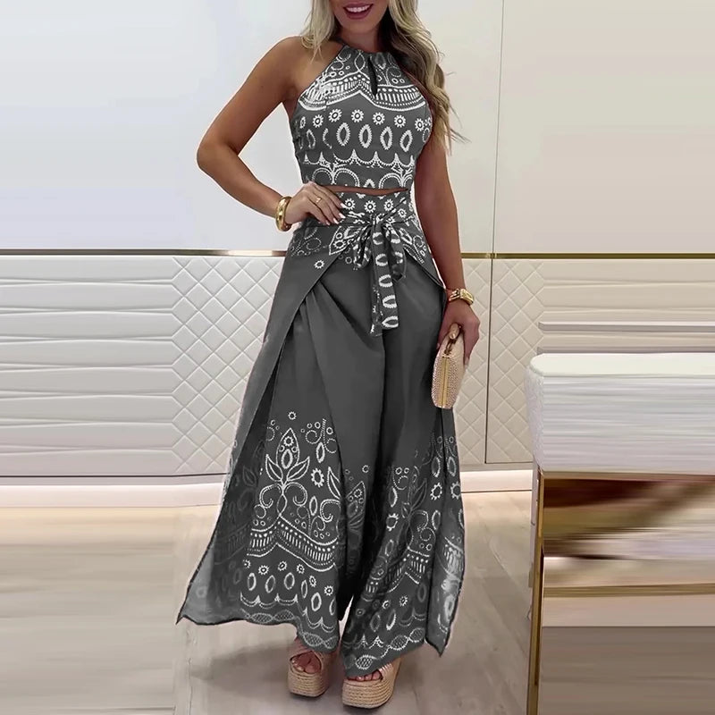 Elegant Halter Sleeveless Blouse & Lace-up Pant Set Casual Lace-up Party 2Pc Outfit Women Fashion Pattern Print Bohemian Outfits