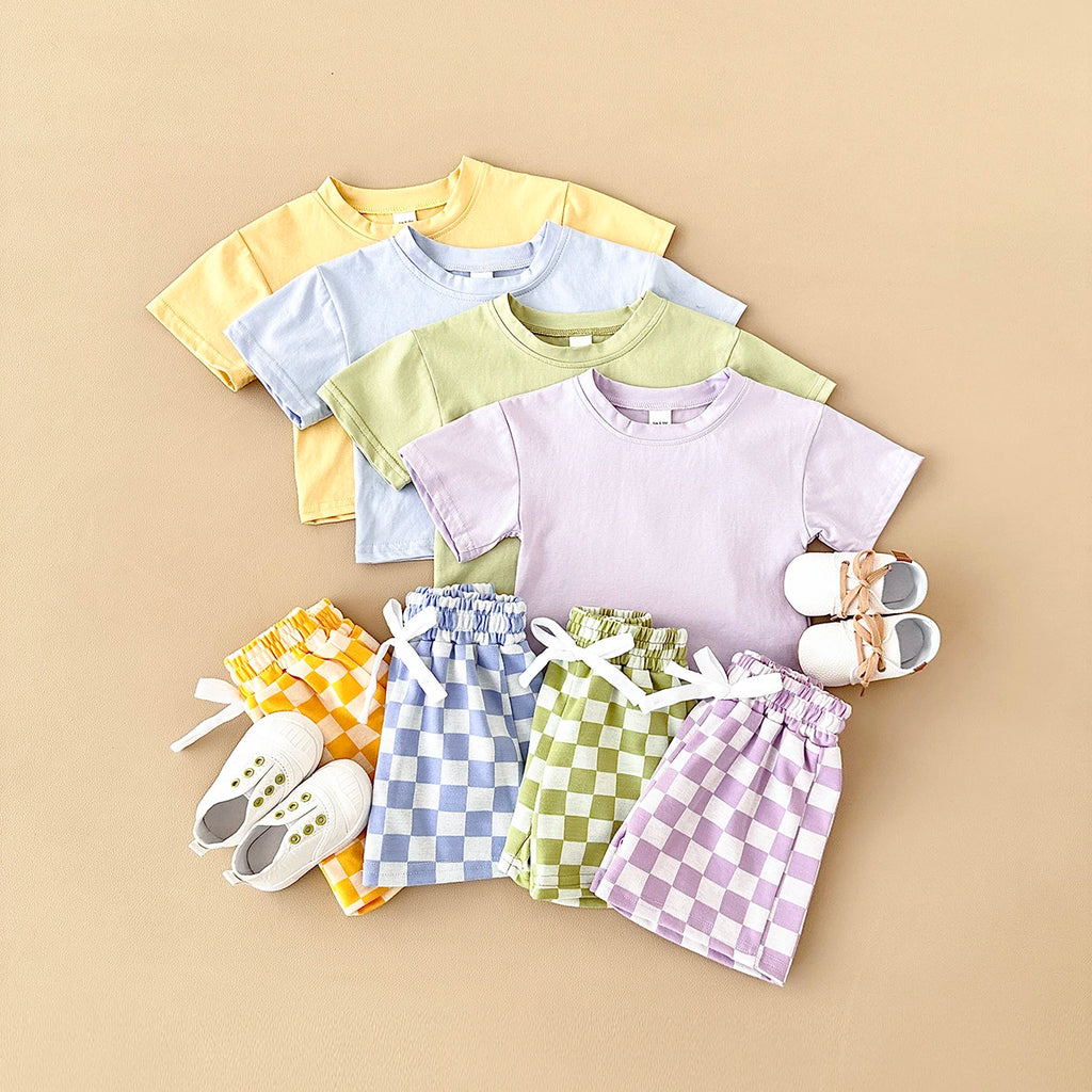 2PCS Kids Clothes Baby Boys Girls Solid Color Short Sleeve T-shirt Plaid Pattern Shorts Sets Baby Clothing Sets 0-3Y