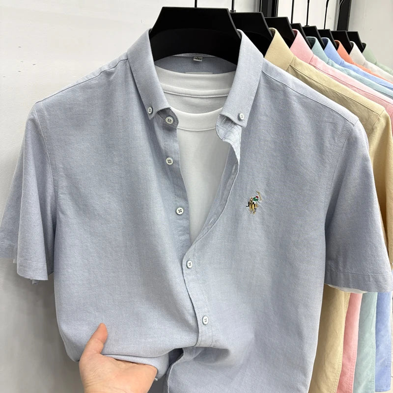 Short Sleeved Shirt Men's Summer New Item Pure Cotton High-end Brand Little Horse Logo Embroidered Casual Shirt
