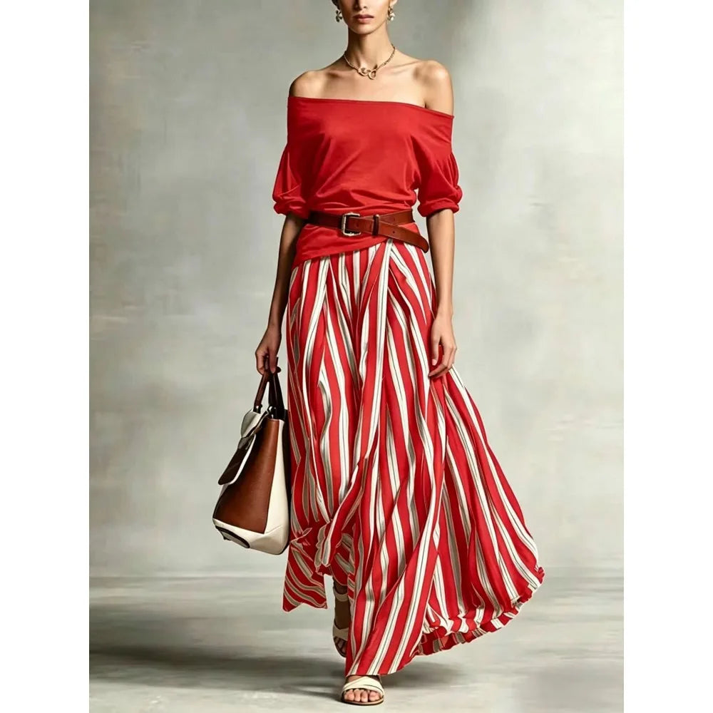 Women Multiple Colors Off Shoulder Puff Sleeve Top Vertical Stripe Flowy Maxi Skirt 2 Piece Outfit Loose Casual Vacation Set