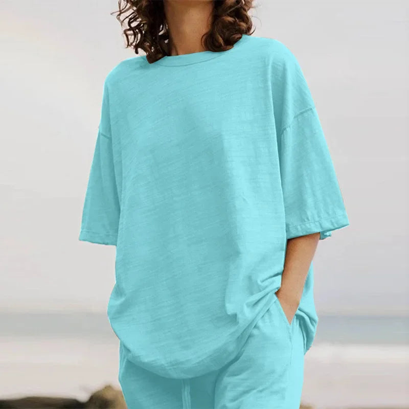Fashion Women's 2-piece Set 2024 Summer Casual Pocket Set Half Sleeve O-Neck Top and Wide Leg Large Outline Pants Set