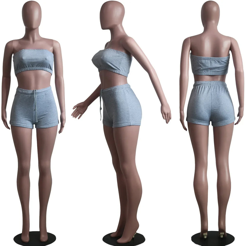 Thin Summer New Solid Color Lace Up Tracksuits Women Sleeveless Backless Tube And Shorts Two Piece Sets Casual 2pcs Outfits