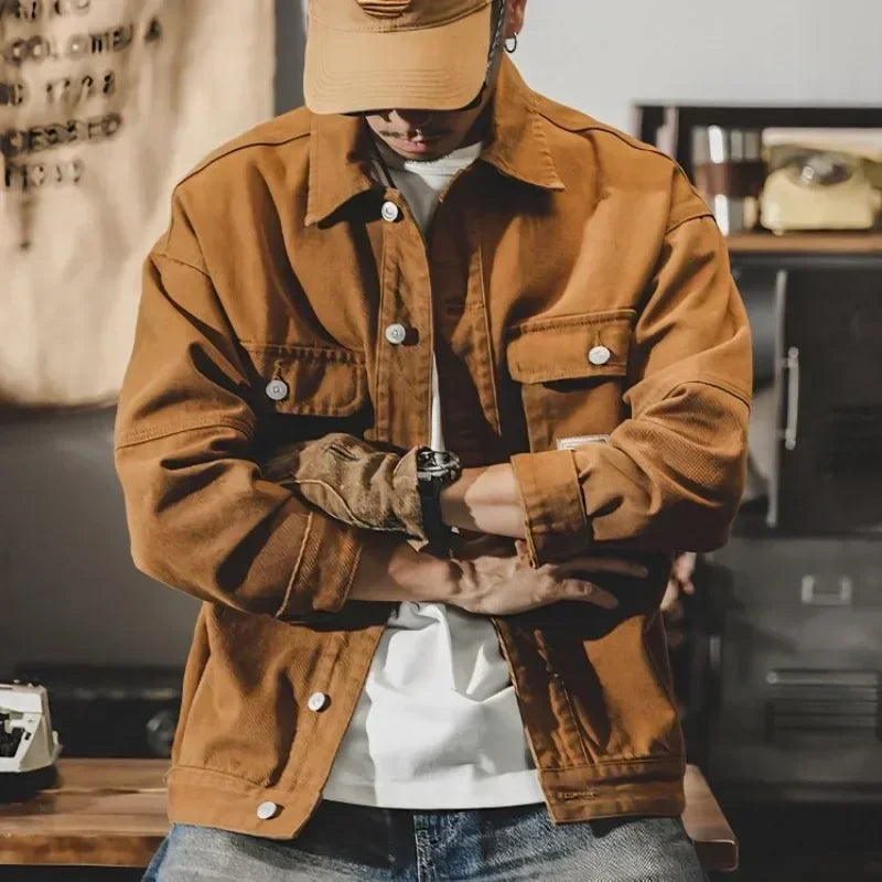 Men's Denim Jacket Vintage Brown Male Jean Coats Cargo Designer Washed Clothing Winter 2025 Korean Style Elatic Original Cowboy