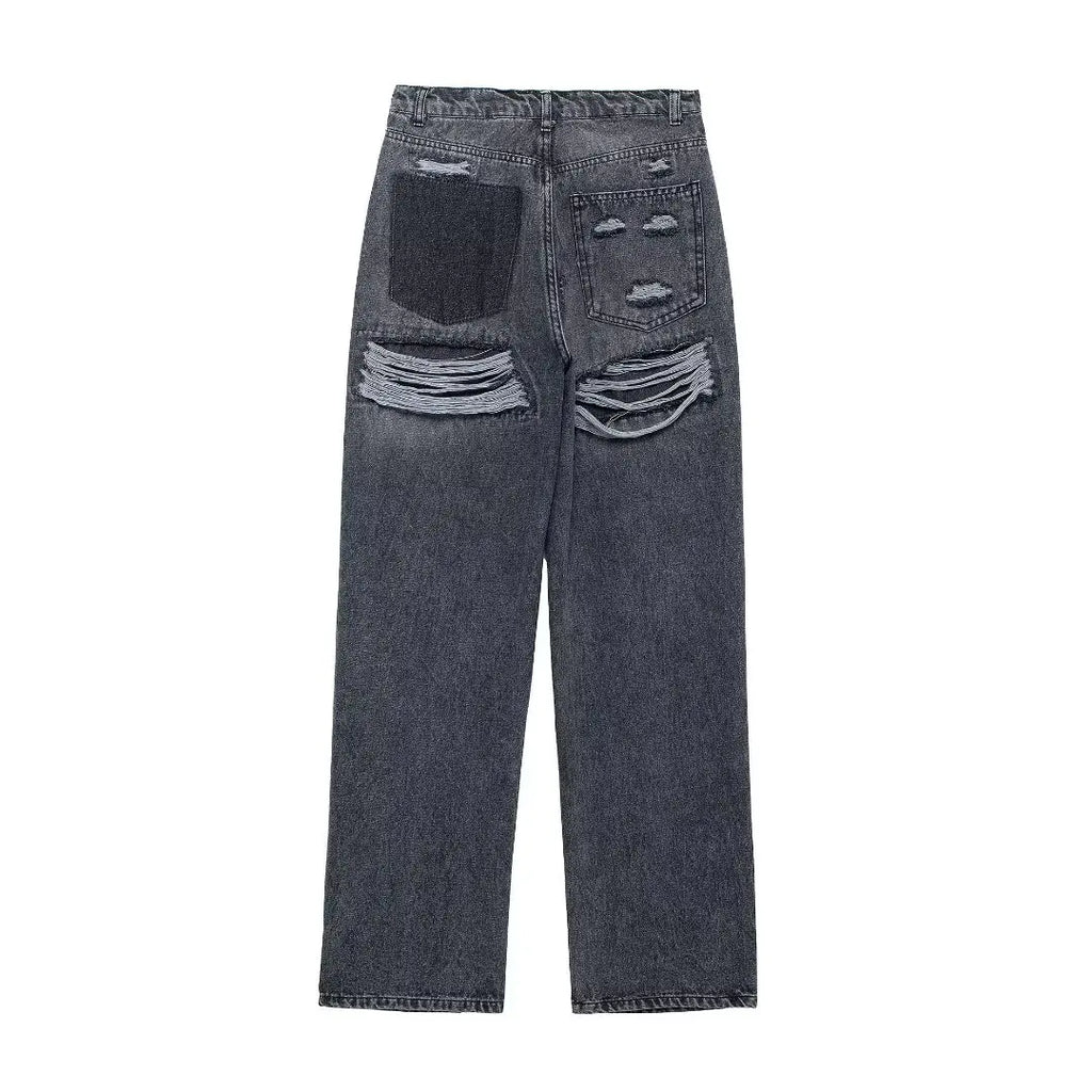 HH 2024 Women's Street Fashion Denim Blue Jeans Distressed Patchwork High Waist Zipper Fly Ripped Retro Long Pants