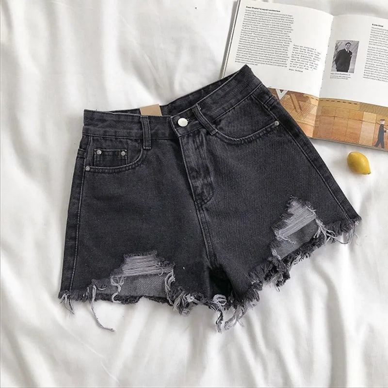 Women High Waist Ripped Denim Shorts Korean Y2K Streetwear Tassel Pocket Summer Casual Blue Jeans Pants Fashion Street Trousers