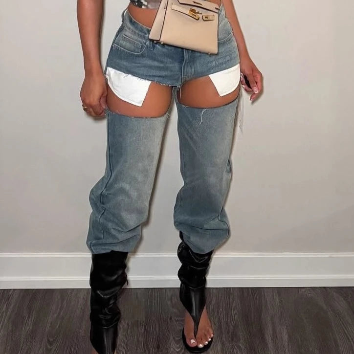 FAGADOER Y2k Sexy Hollow Out Denim Pants Women Solid Color Hole Patchwork High Waist Jeans Female Streetwear Bottoms 2025 New