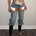 FAGADOER Y2k Sexy Hollow Out Denim Pants Women Solid Color Hole Patchwork High Waist Jeans Female Streetwear Bottoms 2025 New