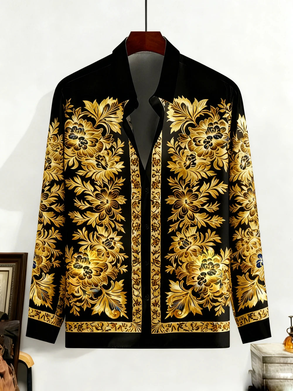 New's Men's Retro Simple Casual Shirt Natural Plant Landscape Painting Golden Flower Shirt Hawaii Beach Vacation Clothes for Men