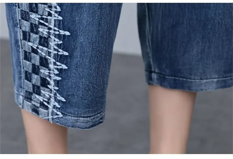 2026 Summer Women Embroidered Mosaic Lattice Denim Two-Piece Suit Fashion Sportswear Female Casual Loose 2 Piece Set Ladies