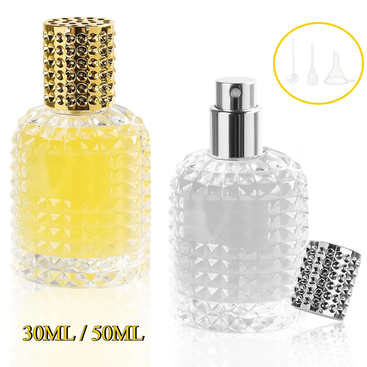 2pcs Perfume Bottle Spray Empty Perfume Atomizer Refillable with 3 Accessories Leak-proof Fine Mist Travel Bottle(30ml/50ml)