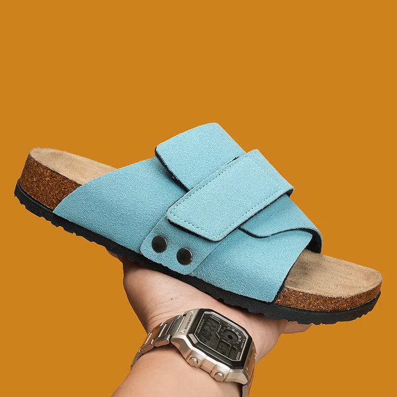 Men's Cork Slippers Suede Leather Clogs with Open Upper Comfort Footbed Adjustable Sandals Slides Indoor Home Shoes Women Couple