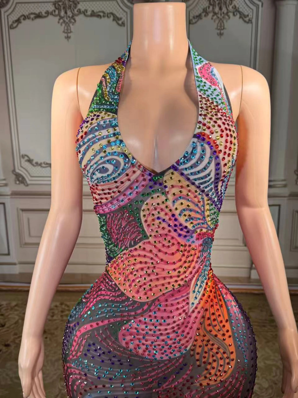 Opulent Crystal Women Sleeveless Sexy Bodycon Long Dress See Backless Shinning Chain Celebrate Bar Singer Performance Costume