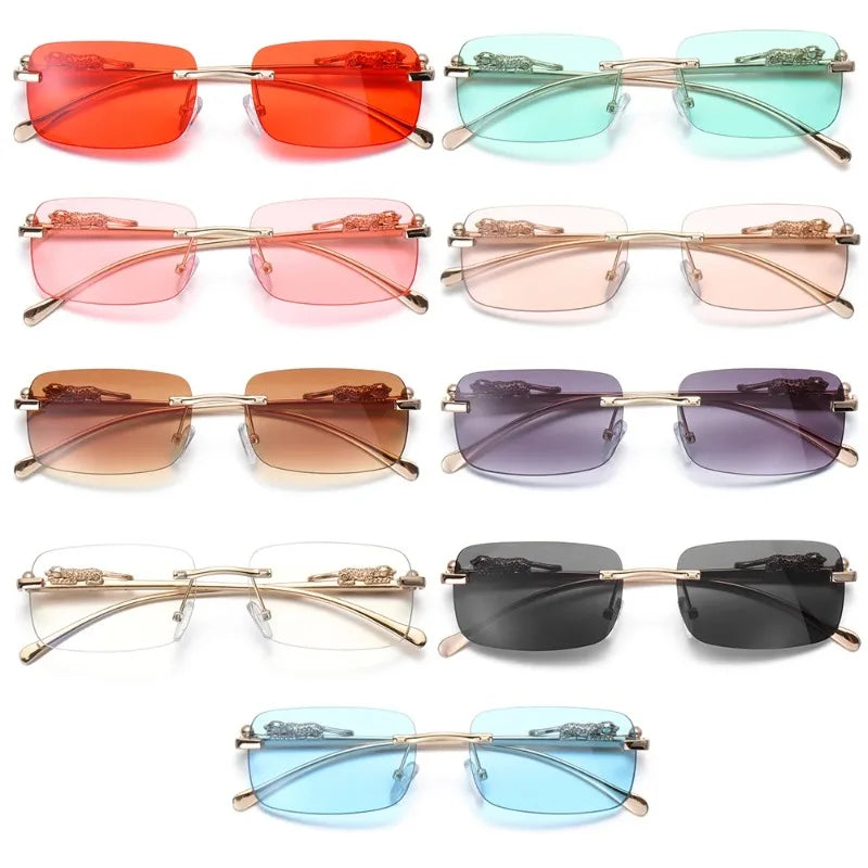 Unisex Luxury Rimless Square Sunglasses - Brand Designer Leopard Head Metal Shade Eyewear Travel Driving