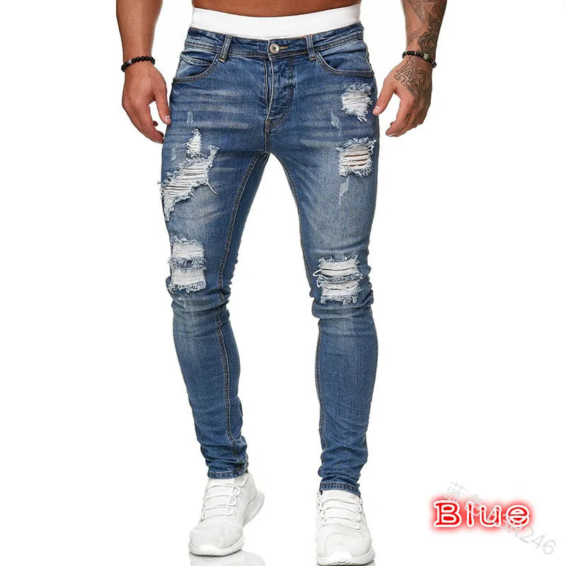 Men Jeans Knee Hole Ripped Stretch Skinny Denim Pants Solid Color Black Blue Autumn Summer Hip-Hop Style Slim Fit Trousers S-4XL