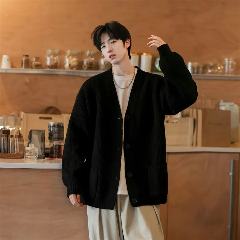 Autumn Men's Casual Textured Pockets Cardigan Y2K Vintage Streetwear V-neck Knitted Sweaters Korean Fashion Cardigans Hombre