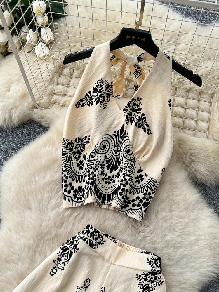 Women's Summer Two Pieces Bohemian Vacation Printed Halter Neck Sleeveless Top High Waist Wide Leg Pants Two-piece Set TP044