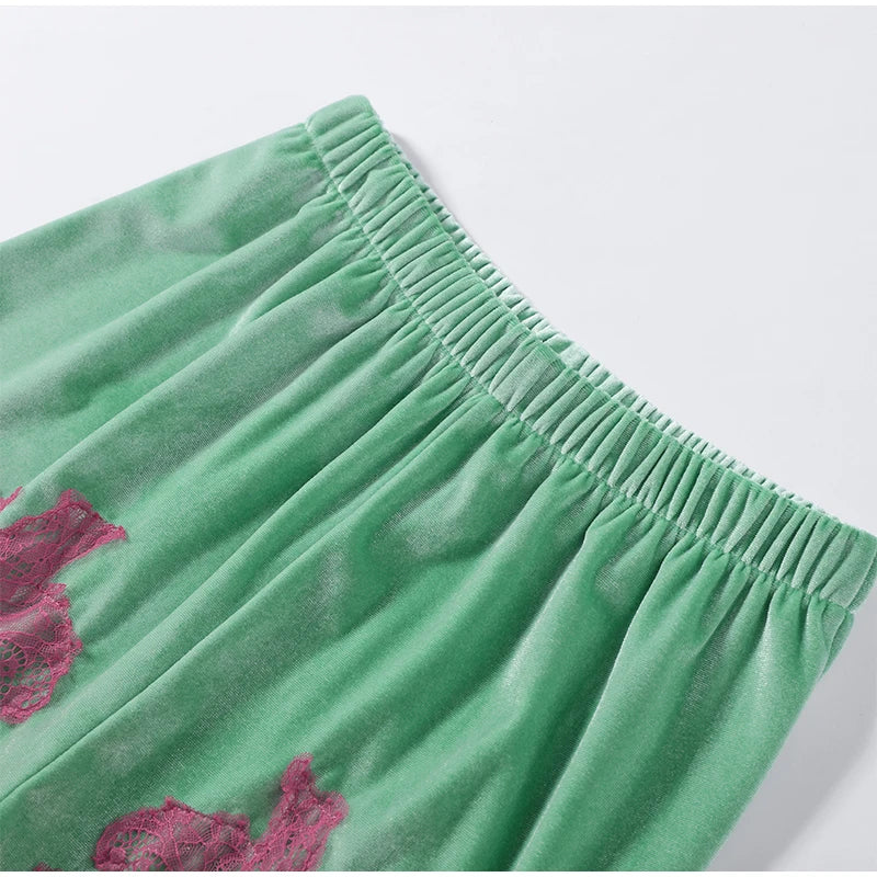 Fashion Mint Green Velvet Shorts Women Pink Lace Insert Elastic Waist Short Pants 2026 Summer New Lady Soft Cozy Lounge Bottoms