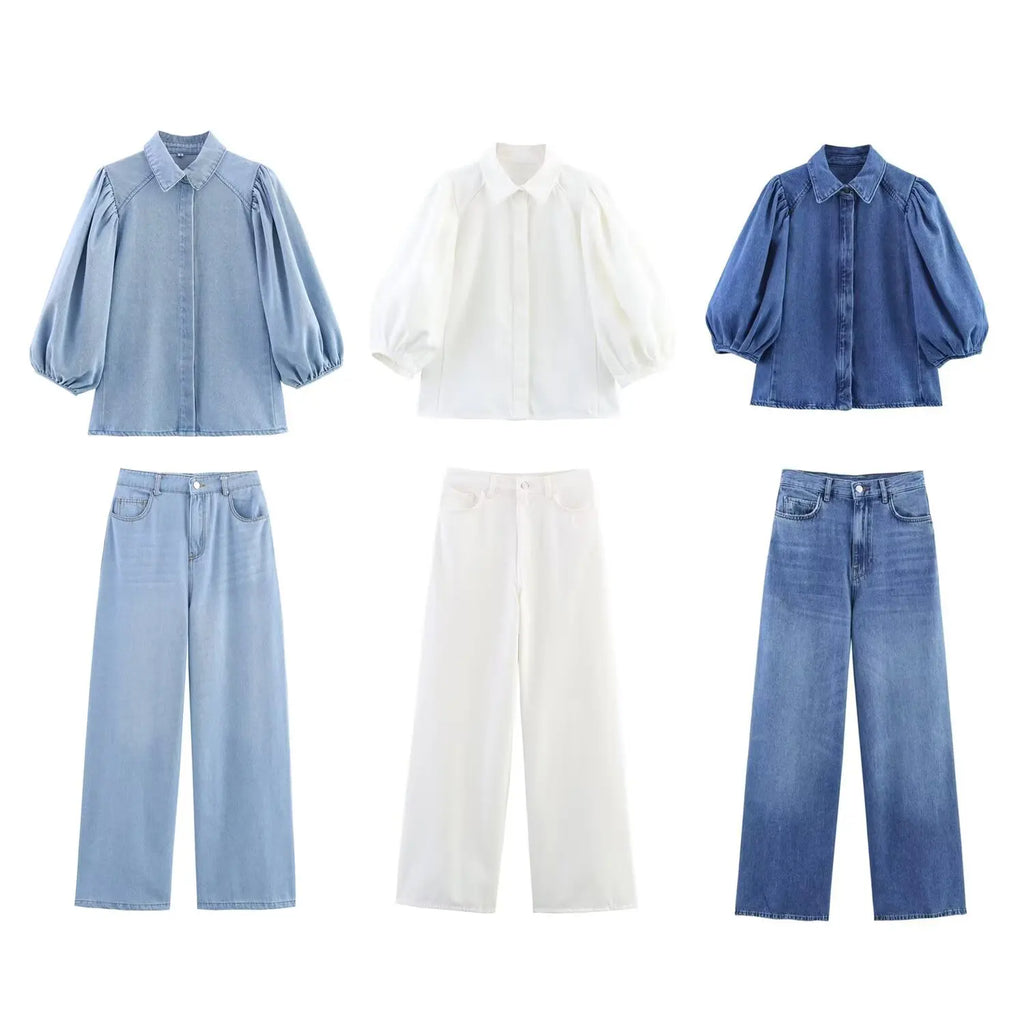 HH Women Summer New Fashion Thin Single-breasted Loose Folds Denim Shirt+High Waist Zipper Pocket Wide-leg Casual Pants Suit