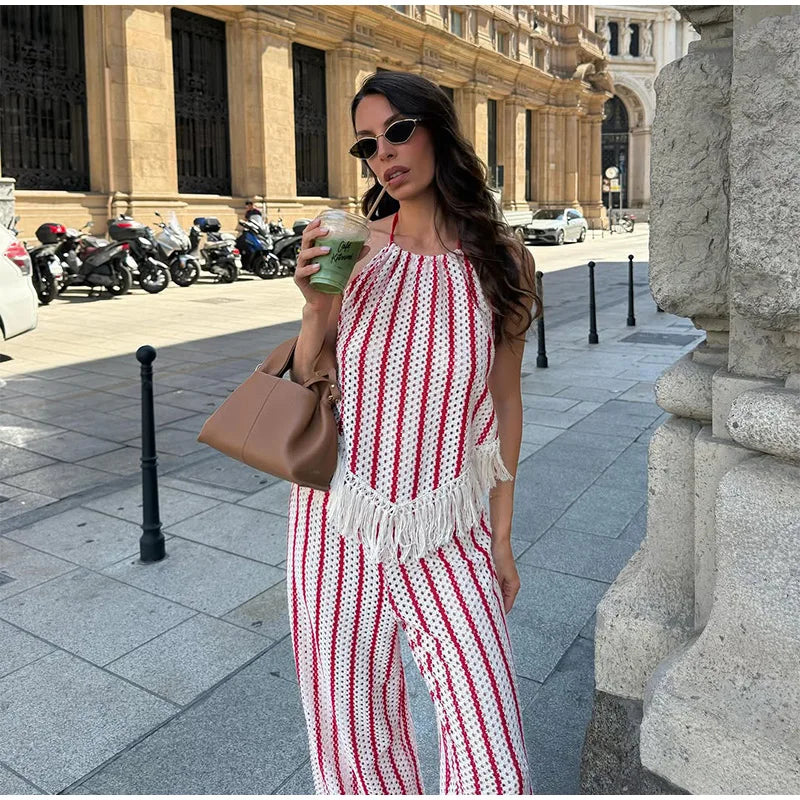 Halter Vertical Striped Fringe Two Piece Set Sleeveless Tank Top Loose Wide Leg Pants Women 2026 Summer Holiday Beach Chic Suit