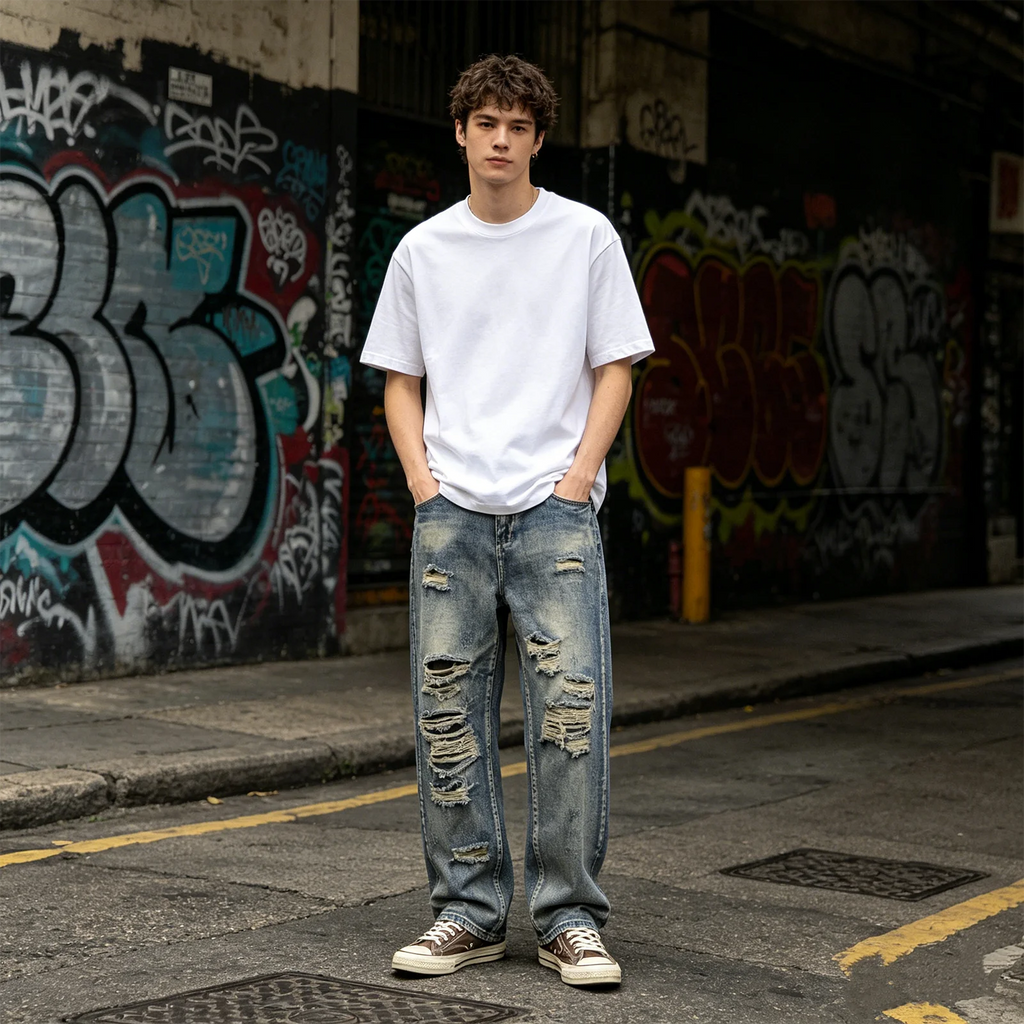 Men's Vintage Washed Distressed Ripped Tapered Jeans Slim Fit Straight Leg Destroyed Denim Pants Streetwear Y2k Jean Trousers