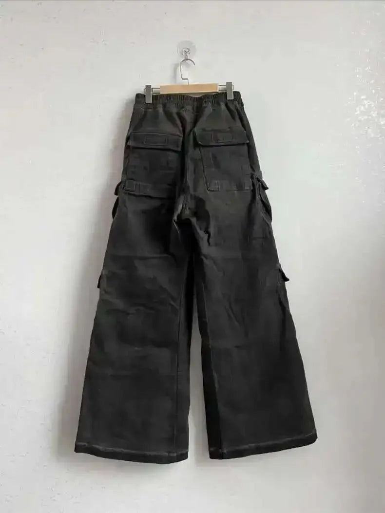 High Street Drawstring Zipper Sliced Wide Leg Cargo Pants Msn's Casual Loose Straight Trousers Loose Denim Pants