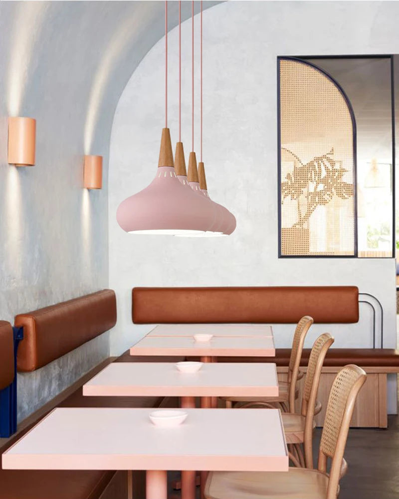 GEW Nordic Modern Funnel Pendant Light Wood Aluminum E27 Multi Color Hanging Lamp for Dining Kitchen Island Bedside