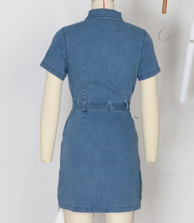 Spring Summer Women Denim Dress Short Sleeve Shirt Style Collared Waist Cute Mini Bodycon Casual Outfit