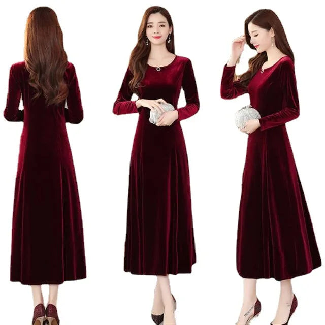Elegant Long Velvet Dress Women's Autumn Winter New Style Knee-Length A-Line Skirt Polyester Fabric Regular Sleeve round Neck