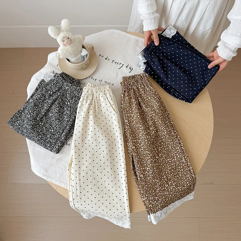 Korean Style Baby Girls Polka Dot Wide Leg Pants Lace Hem Loose Trousers Toddler Kids Elastic Waist Casual Fashion Pants