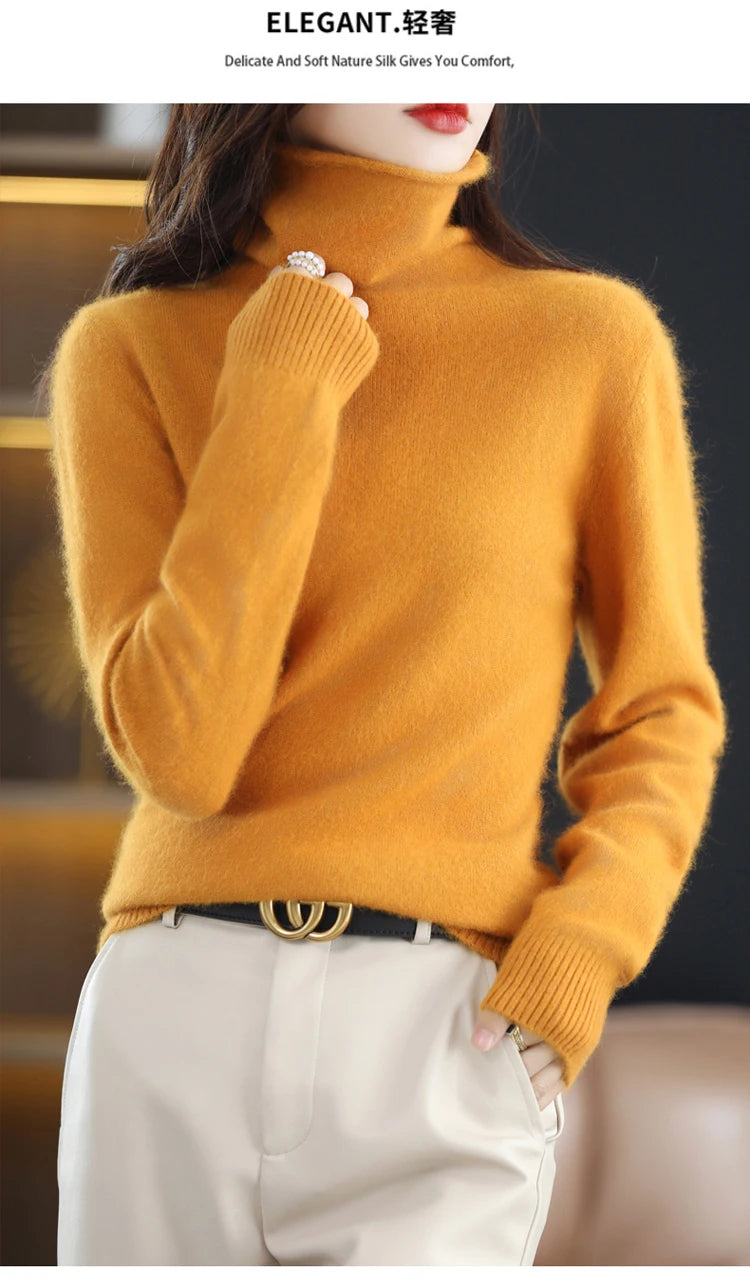 Women's Pile Collar 100% Mink Cashmere Sweater Winter High Collar Knitted Pullover Casual Short Thick Tops Loose Warm Base Shirt
