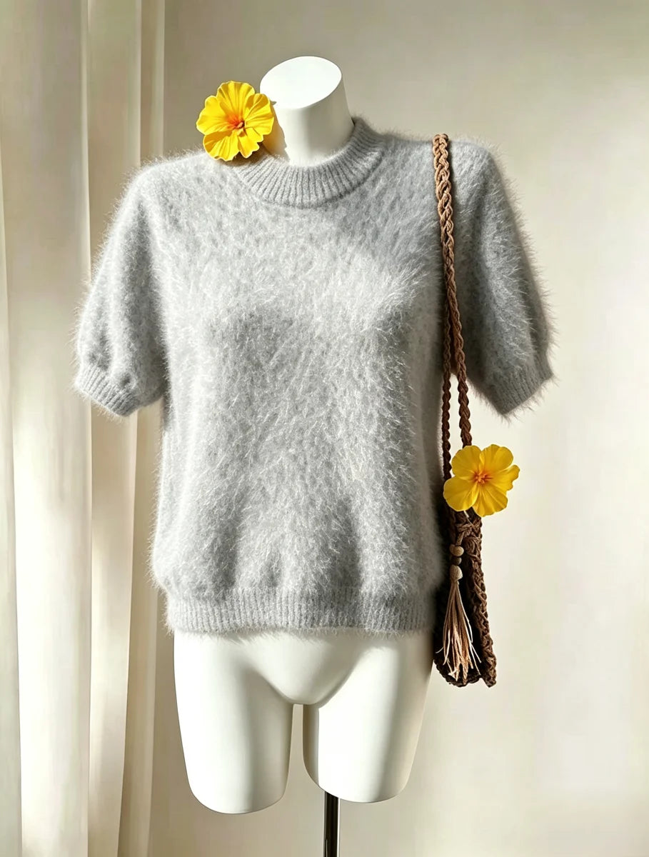 Bornladies Women's Furry Short Sleeved New Series Round Neck Soft Slim Basic Top Suitable for Daily Commuting Wearing Pullover