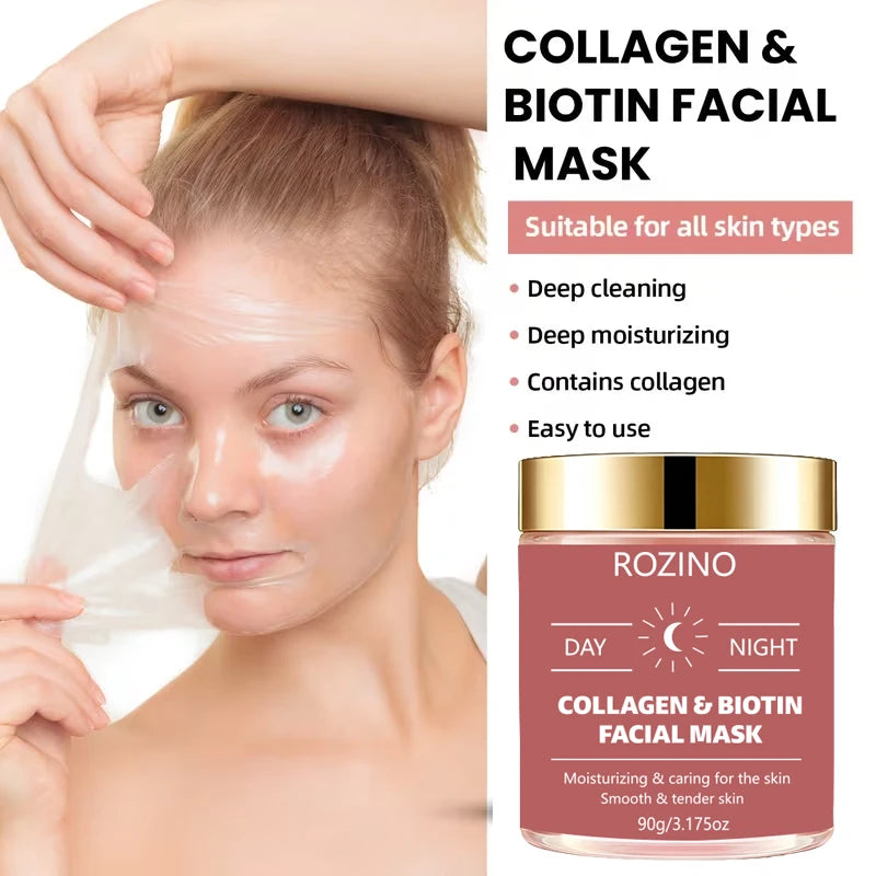 90g Large-Capacity Biotin Collagen Day and Night Mask, Peel-Off Mask, Deeply Hydrating, Keeps Skin Moisturized and Plump, Tightens Skin, Brightens Skin Tone, and Gives Skin a Youthful Glow Suitable for Daily Use and as a Holi