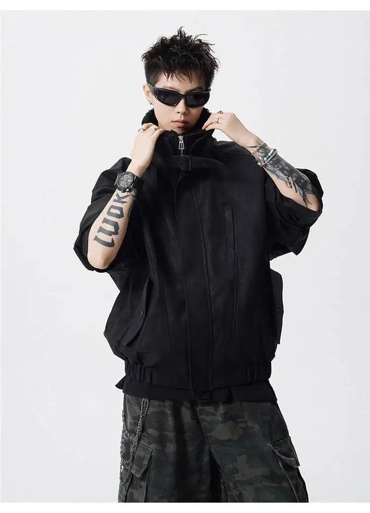 WTHT Fashion Men‘s Plush Spliced Thicken Design Loose Coats Trendy 2025 Autumn Solid Color Laple Casual Jackets Male 2A2218