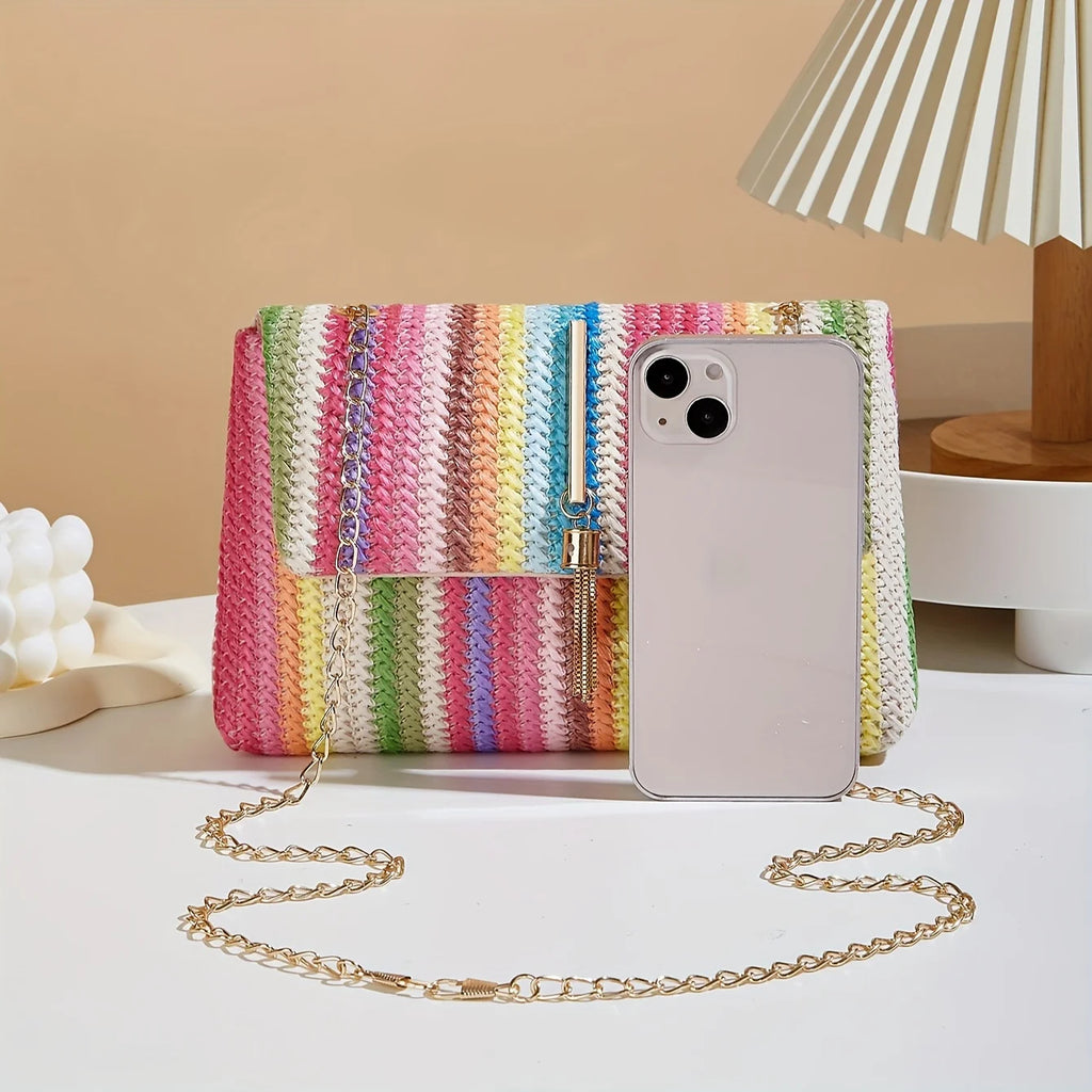 Chic Rainbow Stripe Straw Crossbody Bag for Women Adjustable Shoulder Strap Magnetic Closure Tassel Accent, Fashion Square Purse