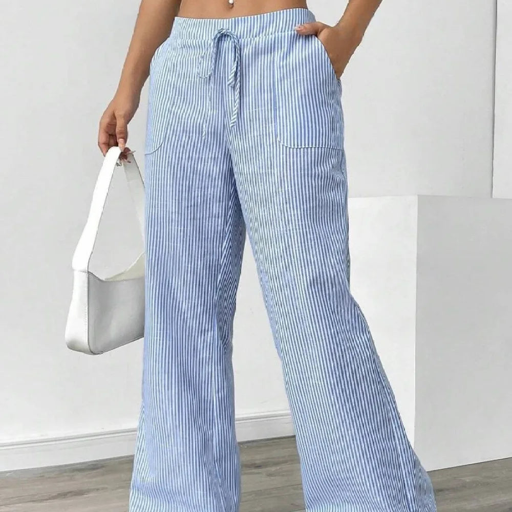 Autumn Women Striped Wide Leg Pants Casual Loose Fit Trousers Streetwear Trendy Fashion Comfortable Elastic Mid Waist Bottoms