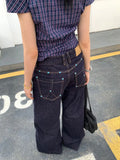 American Retro Blue Jeans Women Y2k Vintage Oversized High Street Wide Cargo Denim Trousers Casual Baggy Straight Denim Pants