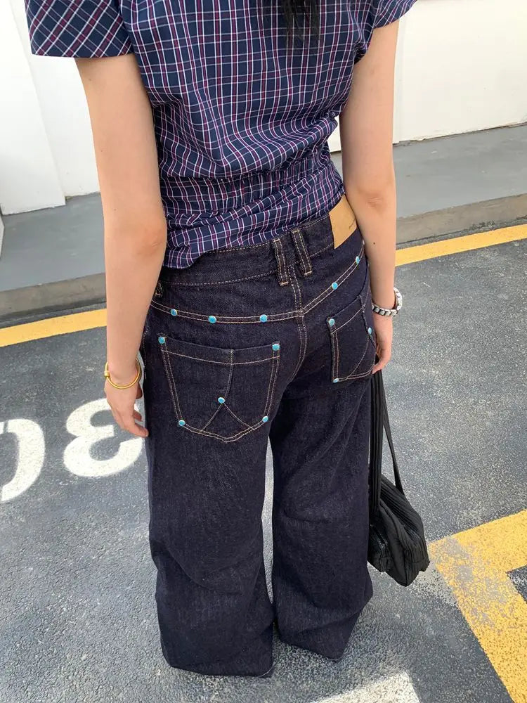 American Retro Blue Jeans Women Y2k Vintage Oversized High Street Wide Cargo Denim Trousers Casual Baggy Straight Denim Pants