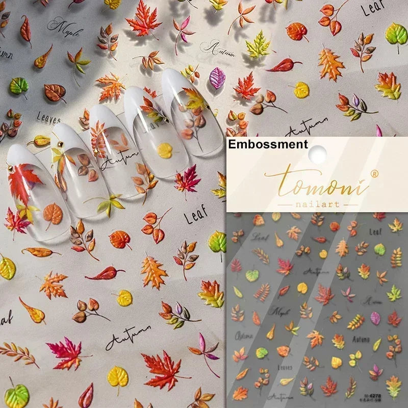 Autumn Maple Leaf Red Fox Lovely 5D Embossed Self Adhesive Nail Art Stickers Rabbit Mushroom Animals Fall Cute Manicure Decals