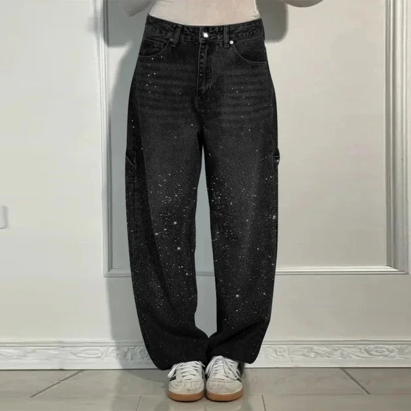Shiny Rhinestone Baggy Women's Wide Leg Jeans Full Diamond Wide Leg Dragging Denim Pants Vintage Washed Pants Casual Trousers