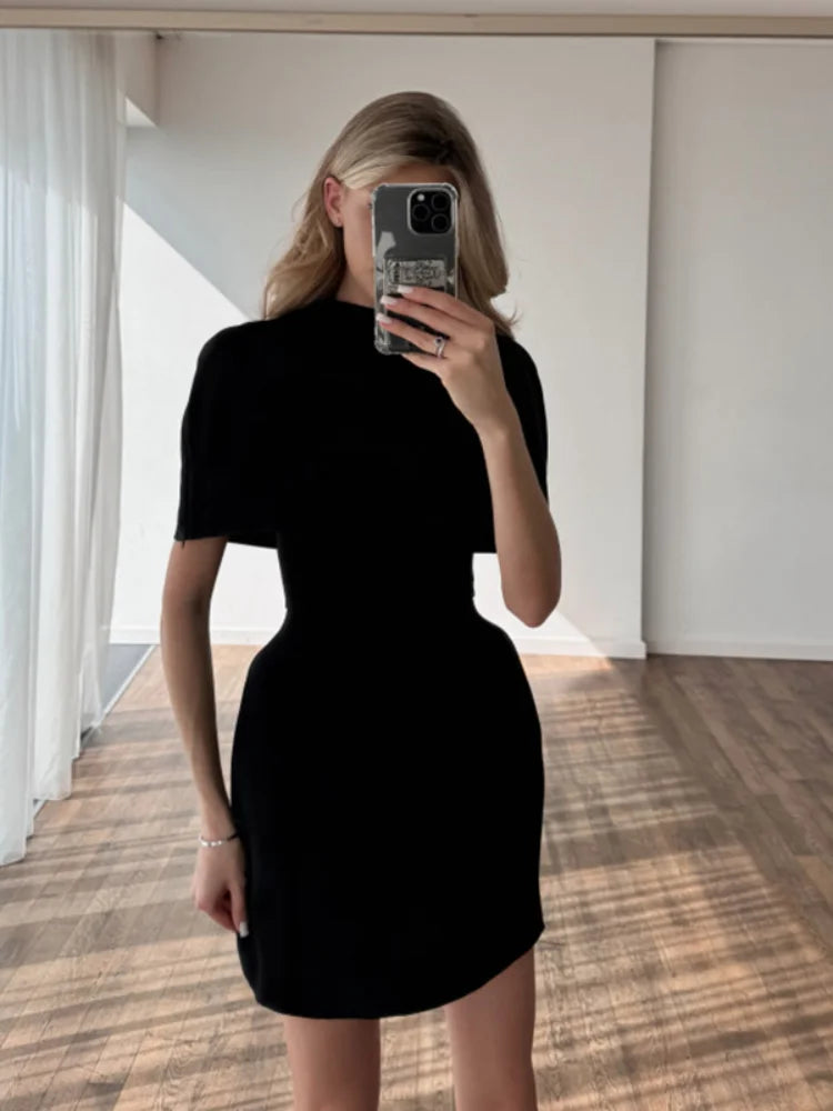 Black Lace Trim Hollow Out Mini Dress Women A-line Turtleneck Waist Cinched Short Sleeve Vestidos 2026 Lady Daily Party Gown
