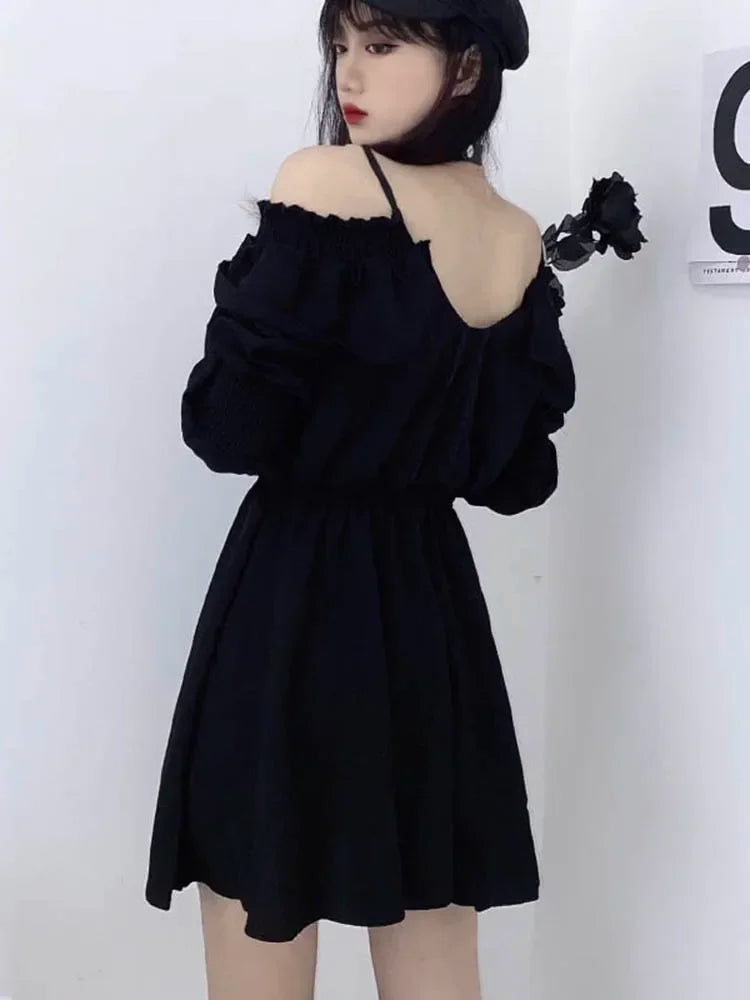 Zoki Harajuku Gothic Women Dress Y2K Summer Sexy Off Shoulder Black Bandage Mini Dress Fashion Elegant Party Night Vestidos New