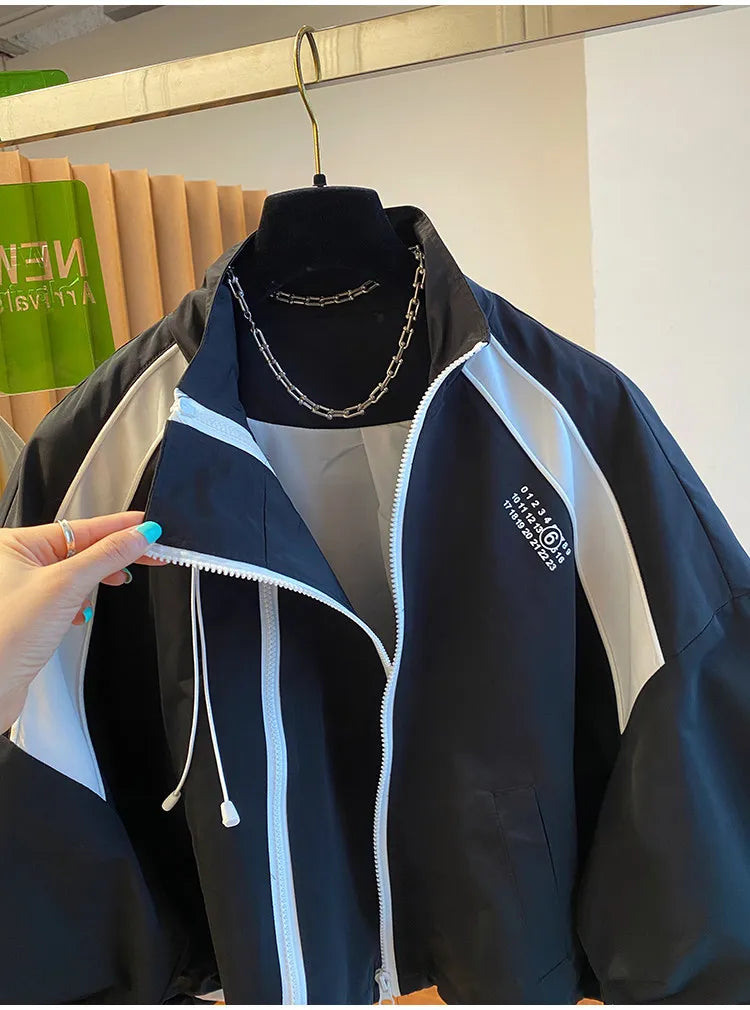 Women Double Zipper Stand Collar Jacket Patchwork Short Windbreaker Loose Casual Streetwear Female Spring Autumn Windproof Coat