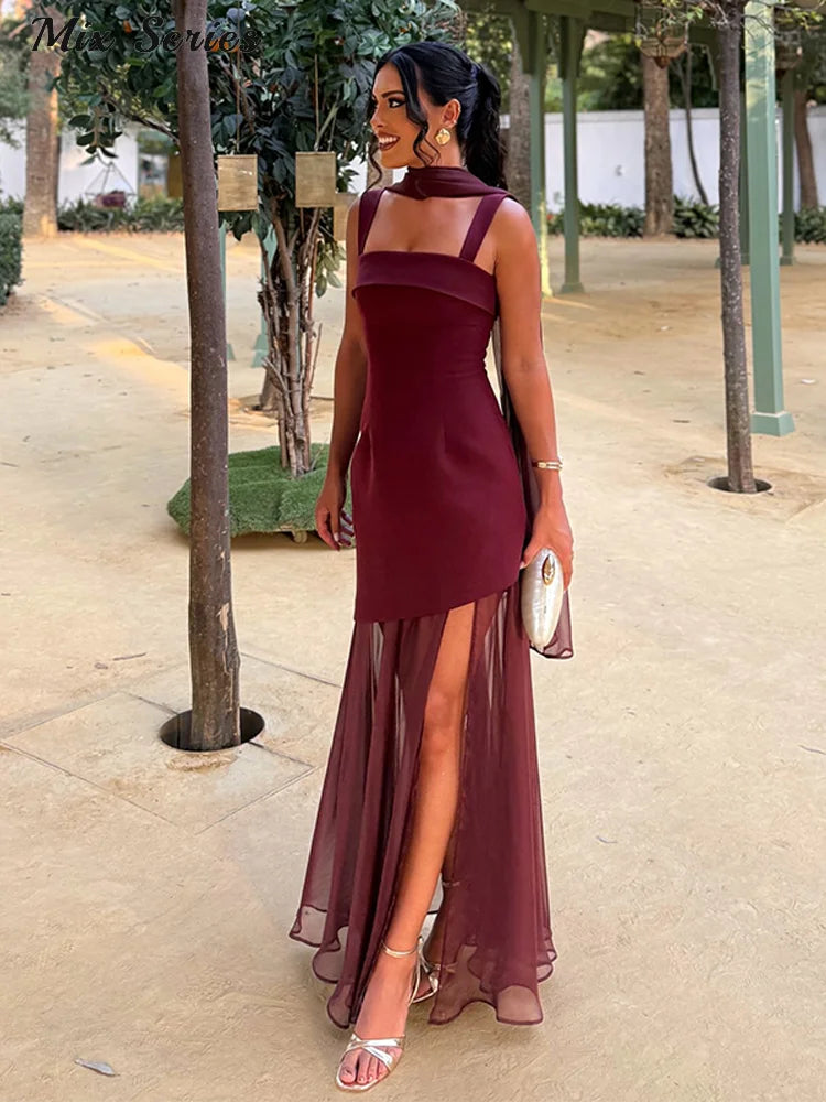Fashion Ribbon Halter Party Dress Women's Patchwork Sleeveless Square Collar Solid Slim Dresses 2026 Spring New Lady Robes