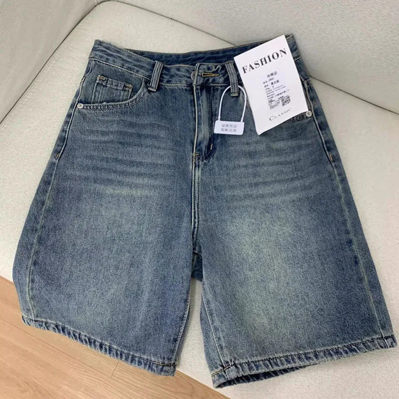 High Waisted Loose Denim Shorts Women Vintage Streetwear Wide Leg Knee-length Jeans Summer Casual Wide Leg Jean Shorts