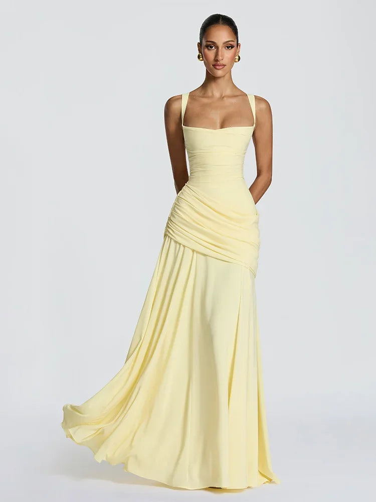 Elegant Solid Pleated Sling Dress Women Sexy Square Neck Sleeveless High Waist Slim Maxi Dresses 2026 Lady Party Evening Robe