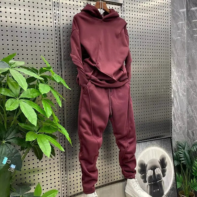 Men's autumn and winter solid color sports and leisure set, long sleeved hoodie, leg binding, youth 2pcs set