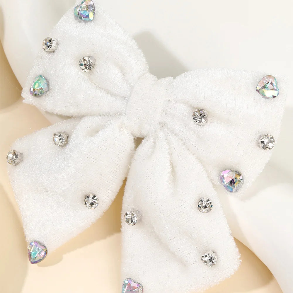 2Pcs Girls Velvet Bow Hair Clips Elegant Heart Shape Rhinestones Hairpins Vintage Burgundy Barrette Fall/Winter Hair Accessories