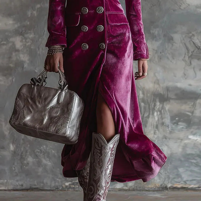 Fall Winter Double Breasted Velvet Cardigan Dress Woman Elegant Lapel Hollow Split Long Dress Vintage Long Sleeve Office Dresses